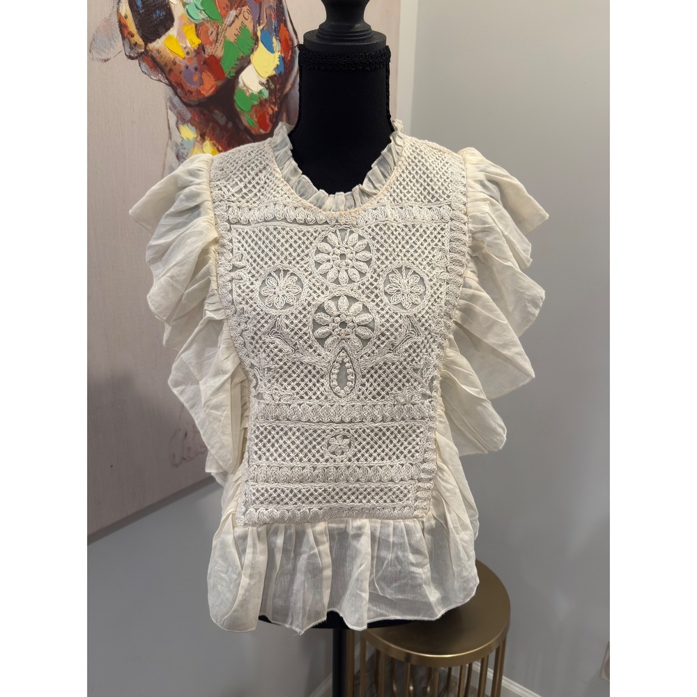 Joie Anitra Embroidered Crochet Ruffle Sleeve Top Porcelain White Small NWT